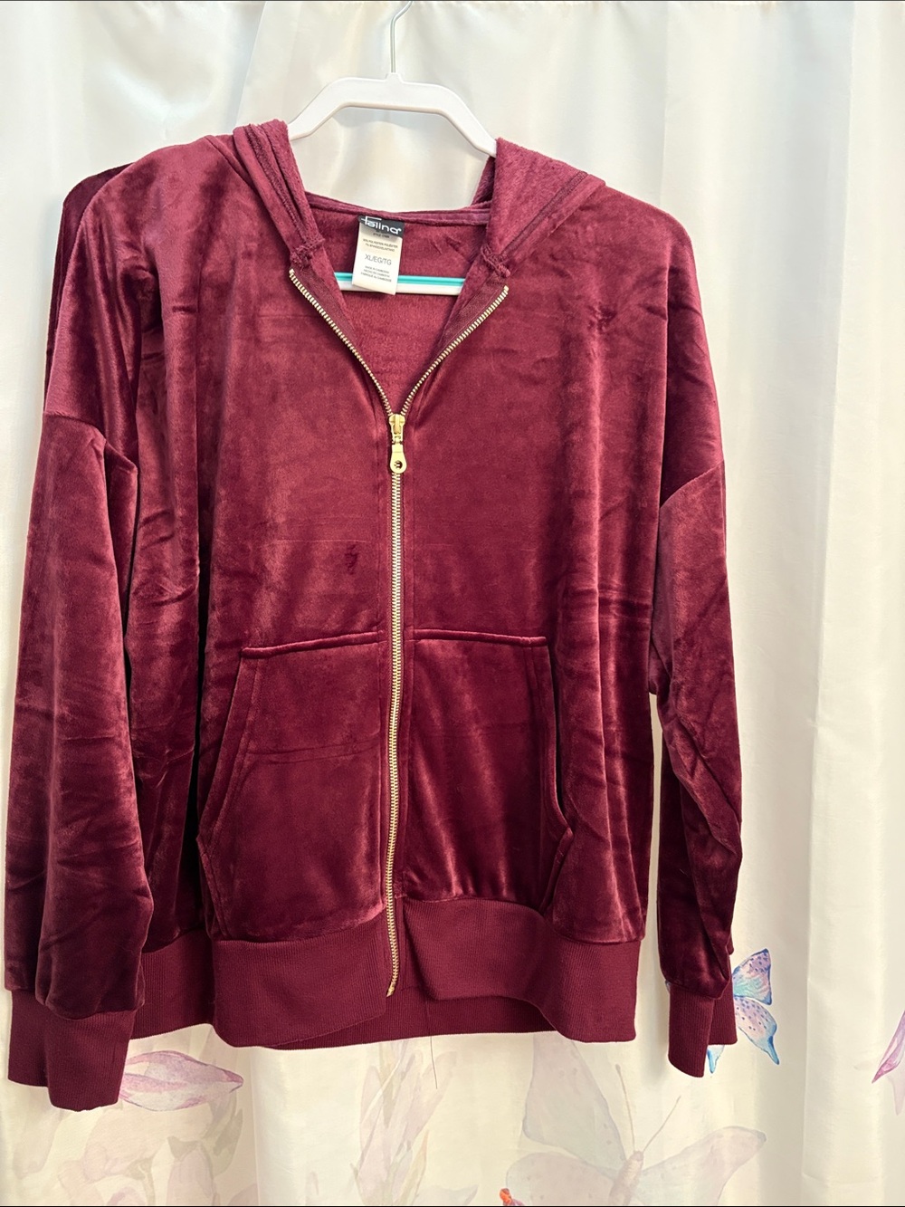 Felina velour zip-up hoodie in burgundy XL